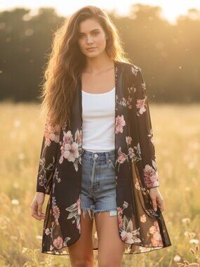 R&M Richards Petite Kimono Duster Top Black Floral Coverup OS Boho Whimsigoth